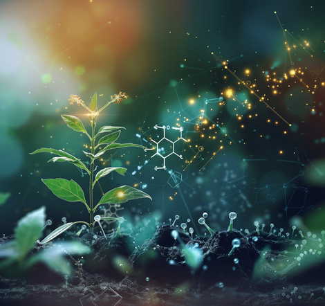 A plant growing from dark soil surrounded by glowing molecular structures and network connections, blending nature and science.