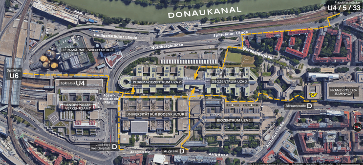 Aerial map of the Althanstraße university campus area, showing the Donaukanal and locations for the Pharmacy Center (UZA 2), Geocenter (UZA 2), and Biozentrum (UZA 1). Yellow dashed lines indicate pedestrian paths from Spittelau station and Franz-Josefs-Bahnhof to the various building entrances.